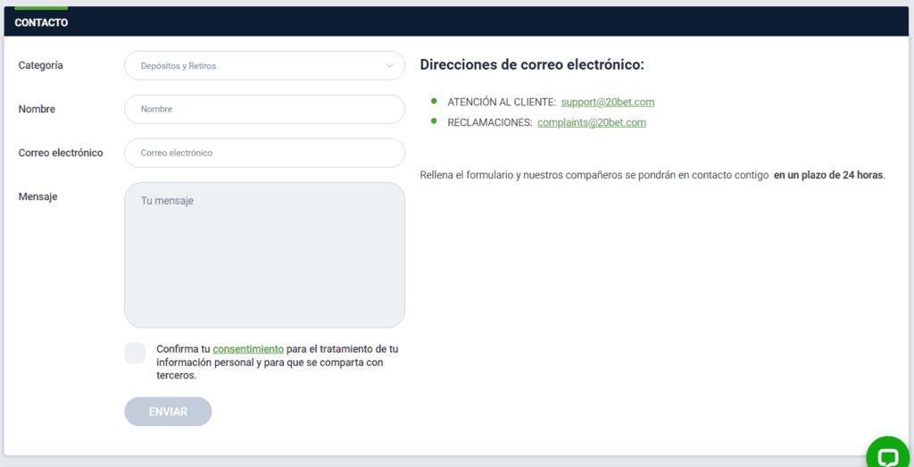 Soporte de 20Bet casino