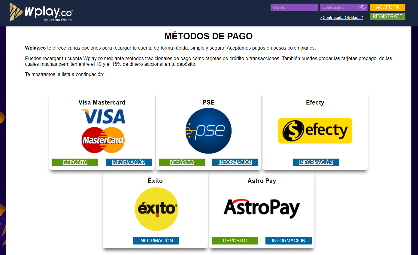 Métodos de pago en Wplay casino