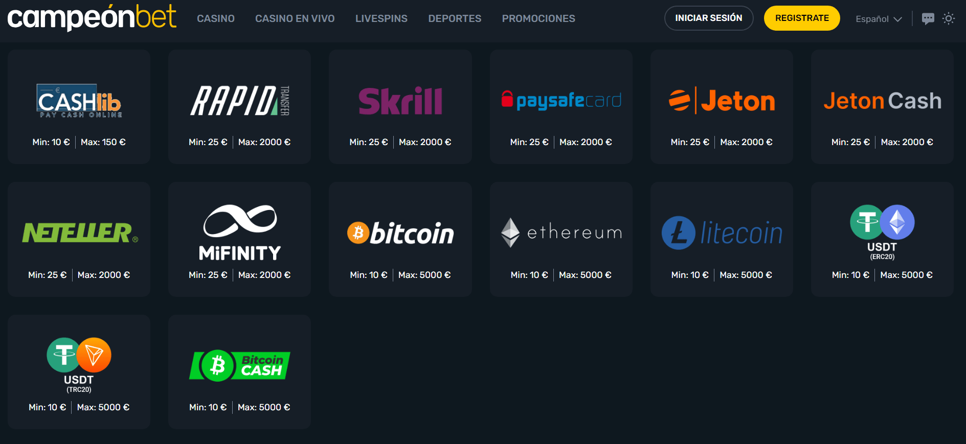 Formas de pago en Campeonbet