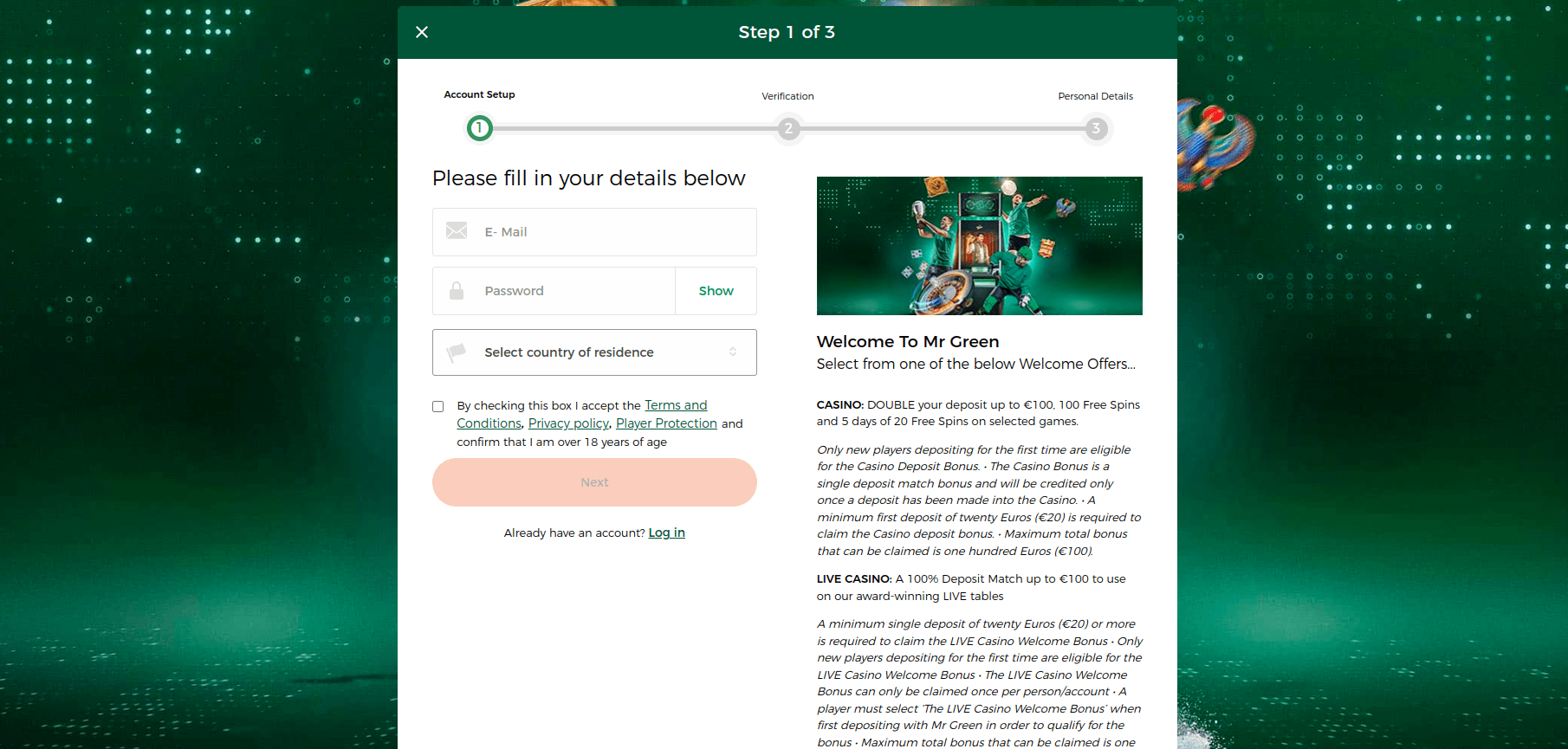 Registro en Mr Green