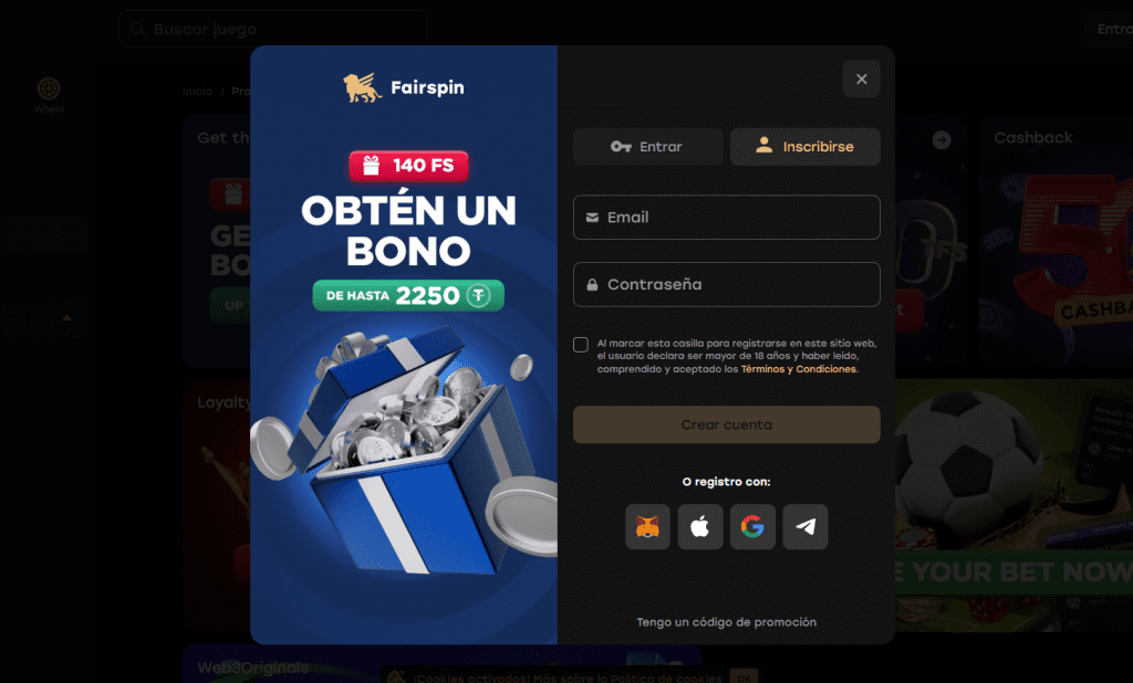 Proceso de registro en Fairspin
