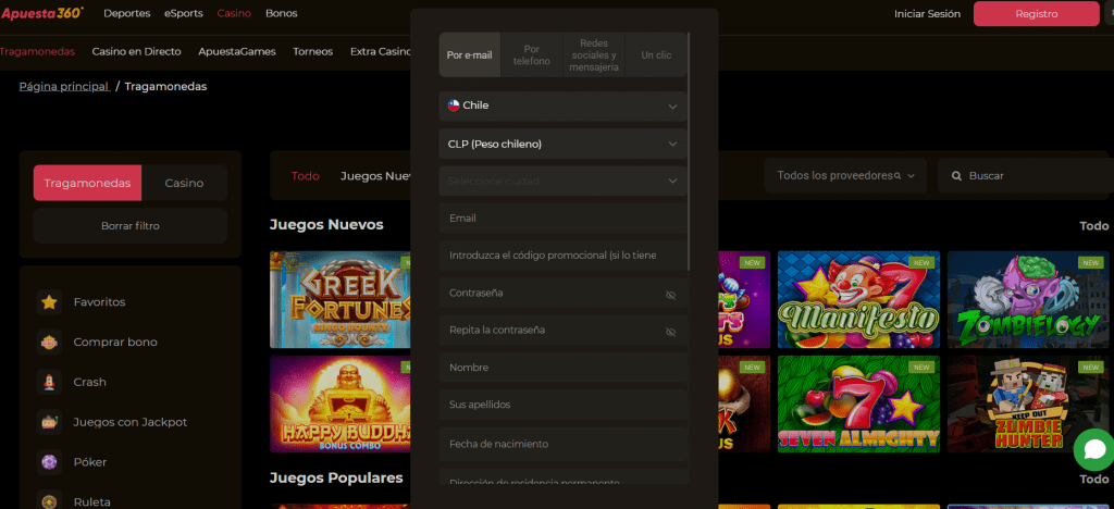 Proceso de registro en Apuesta360