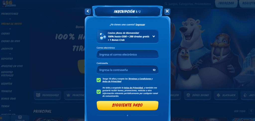 Proceso de registro en SGCASINO