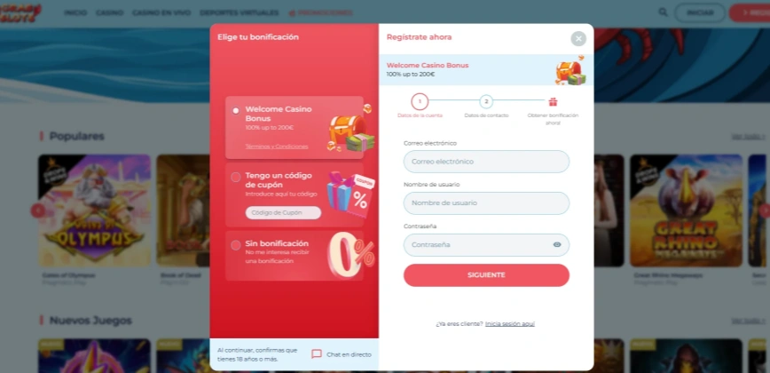 Proceso de registro en Crabslots