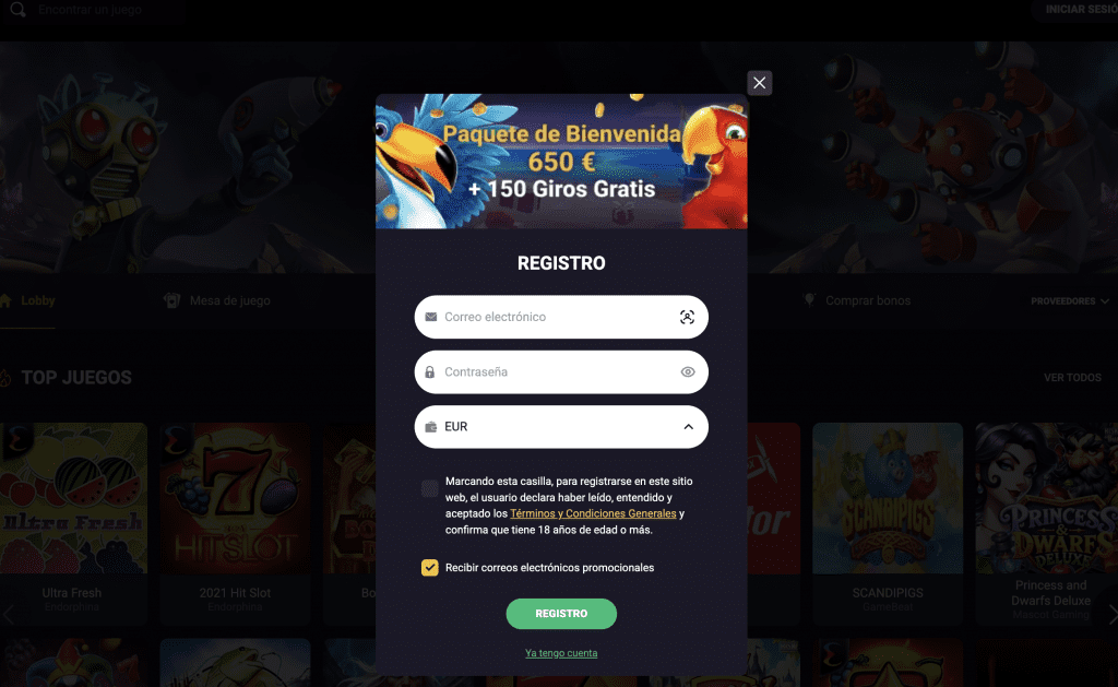 Proceso de registro en Candy Casino